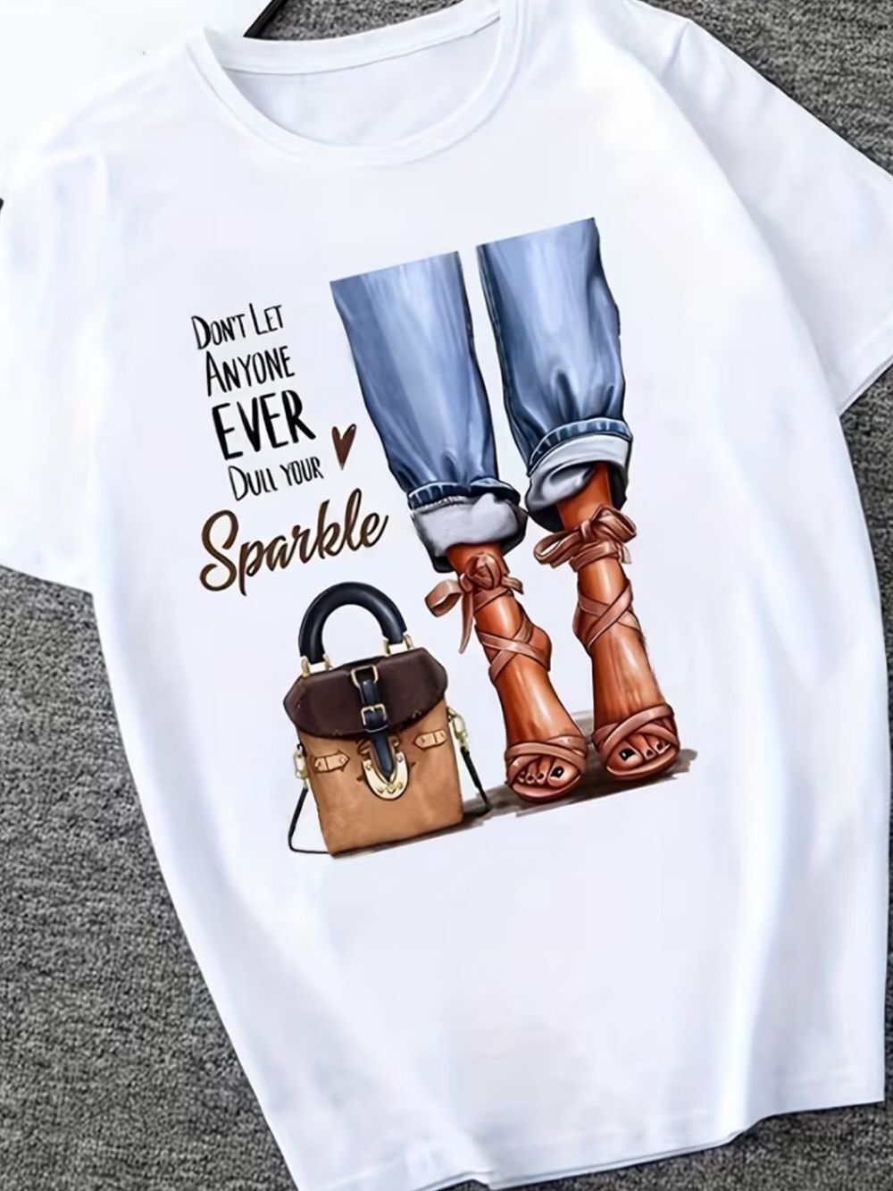 MISSLOOK Over sized White Tee with Brown Sandal & Handbag Graphic